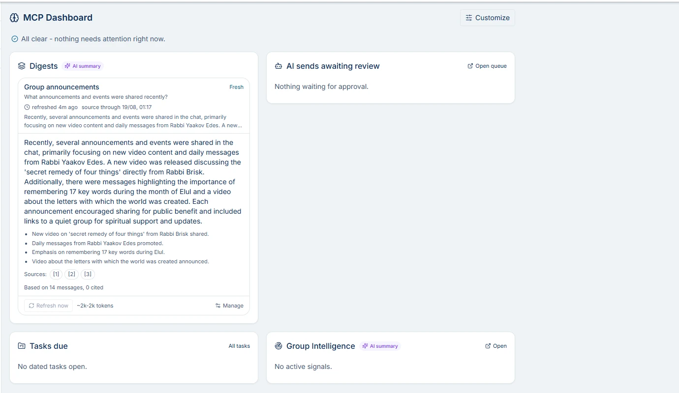 Real screenshot of the MCP Dashboard in the Spun inbox: a digest card with a fresh evidence-backed answer, AI-send approvals, tasks due and group intelligence